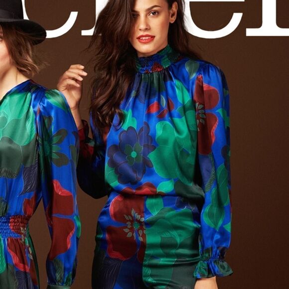 Tucker The Stella Top Cobalt Retro Floral in Stretch Georgette Silk Blouse Smock - Picture 2 of 2